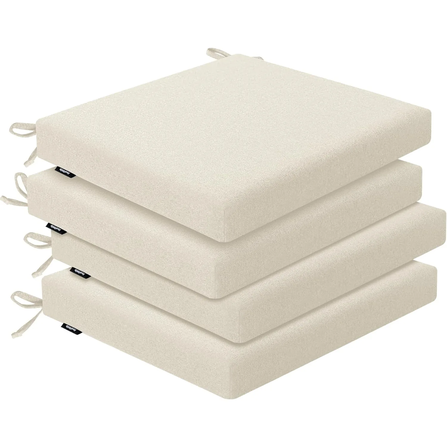 

A set of 4 outdoor seat cushions, waterproof and fade resistant, 17 inches wide x 16 inches deep x 2 inches, beige