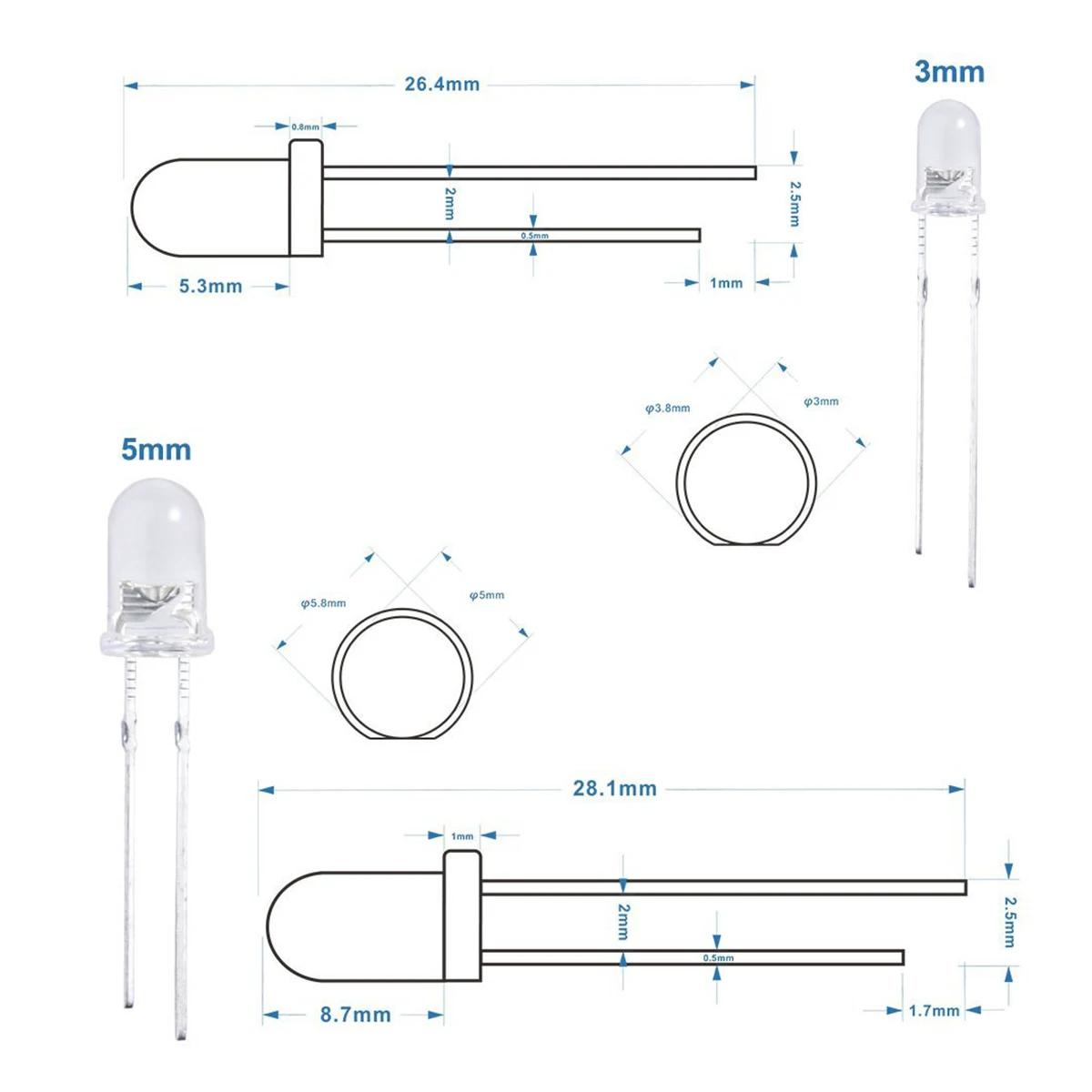 

600Pcs LED Light Emitting Diodes Assorted 3mm 5mm Diffused Clear 5 Colors Resistors Kit DIY Electronics Signal Indicator School