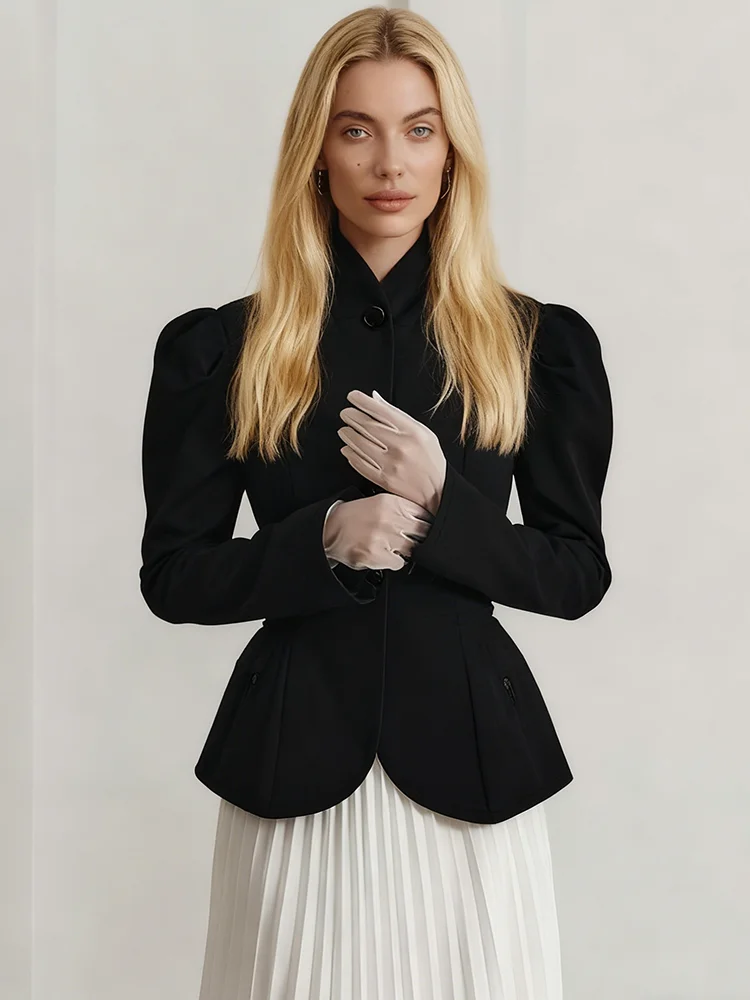 الفرنسية أنيقة الرجعية الوقوف طوق سترة سوداء 2026 الخريف/الشتاء أنيقة نفخة الأكمام مكتب معطف للنساء السترة #4