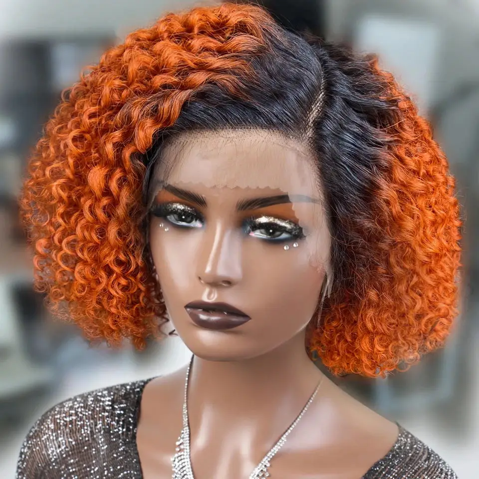 Orange Brown Deep Curly Bob Lace Front Wig Human Hair Wig With Baby Hair Short Pixie Curly Bob Wig Glueless Lace Wigs For Women