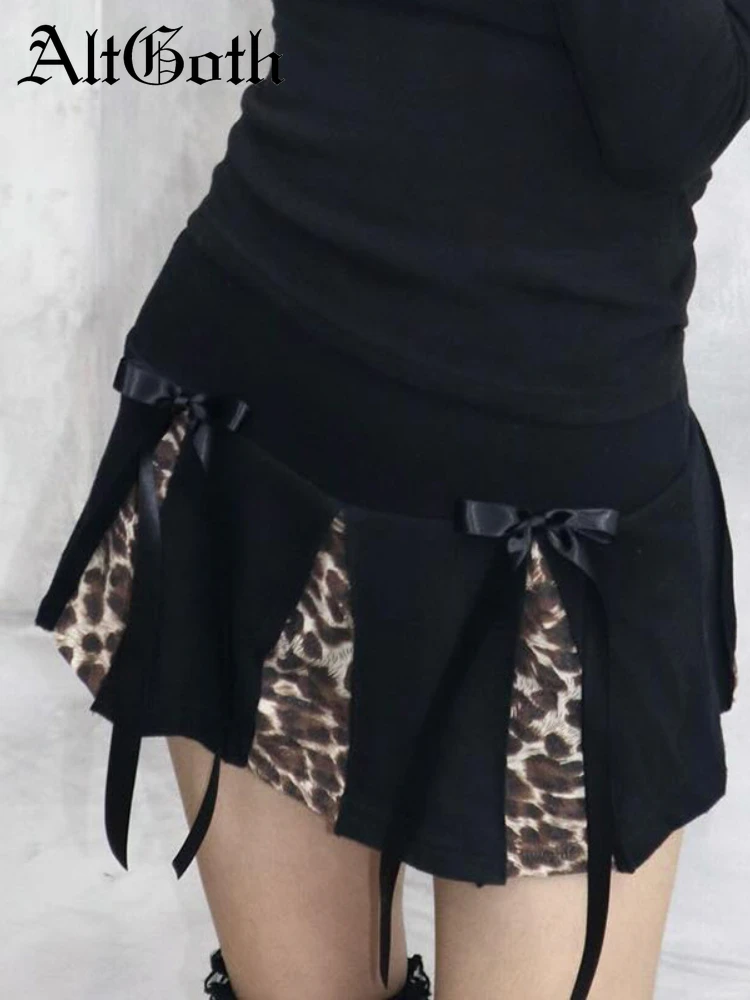 

AltGoth Pastel Goth Hotsweet Skirt Women Y2k E-girl Streetwear Sexy Leopard Patchwork Skirt Asesthetic Cute Bow Pleated Skirts