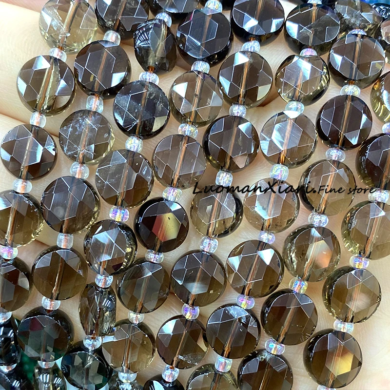 10mm Natural Faceted Smoky Quartz Flat Round Stone Loose Spacer Bead for Jewelry Making Diy Earrings Bracelet Accessories Charms