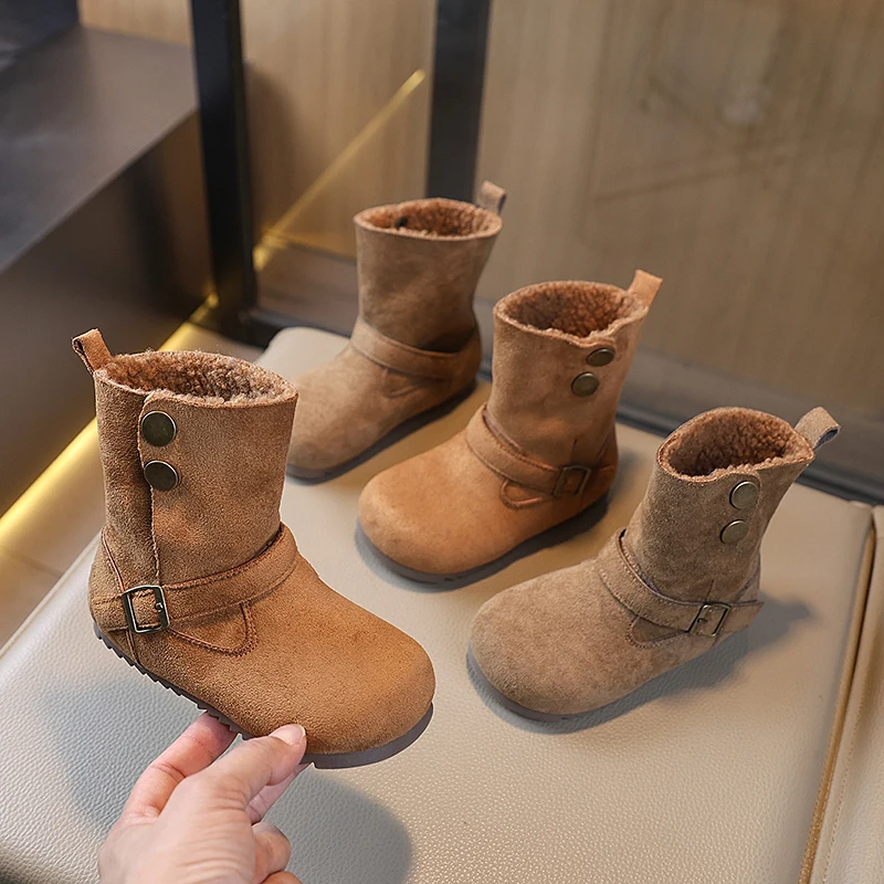 

Kids Winter Flat Boots Warm Retro Children's Fashion Ankle Cotton Boots Solid Color Outdoor Girls Causal Plush Boots Round-toe