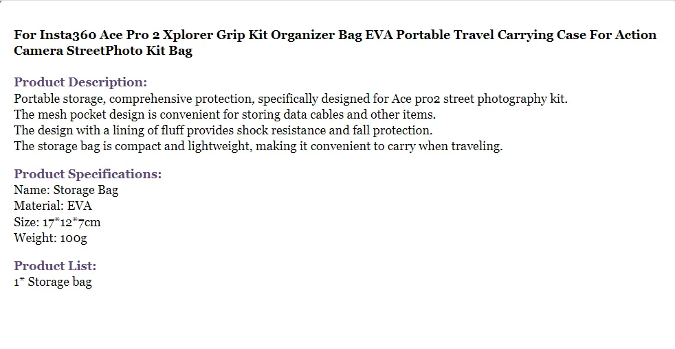 

For Insta360 Ace pro 2 Xplorer Grip Kit EVA Portable Travel Carrying Case Organizer Bag for Action Camera StreetPhoto