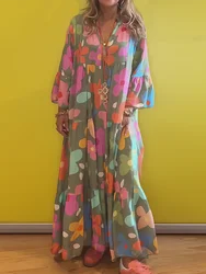 V-Neck Ruffles Patchwork Printing Party Dress, Women Spring Summer Long Flare Sleeve Maxi Dress, 2024 Loose Waist Ladies Dress