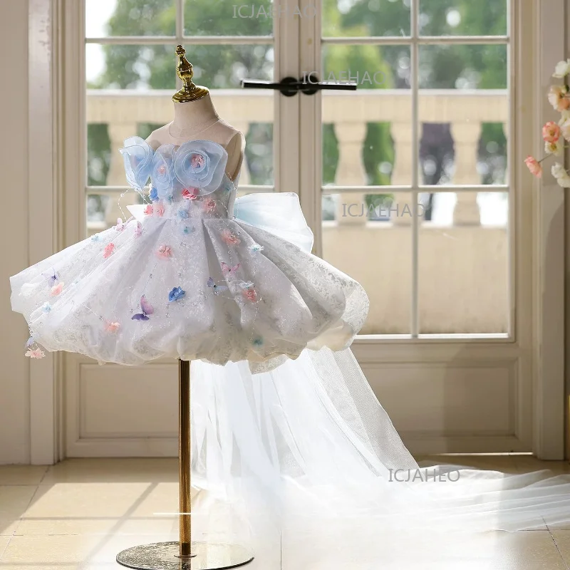 Children Girls Formal Blue Floral Birthday Party Dress Kids Banquet Princess Gown Kids Host Piano Performance Pageant Costume