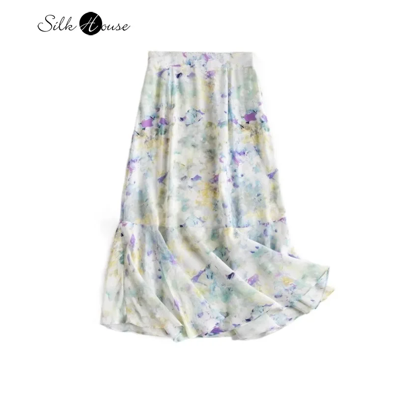 

2024 Women's Casual New 100% Natural Mulberry Silk 04 Crepe De Chine High Waist Texture Printed Fashion Fishtail Skirt