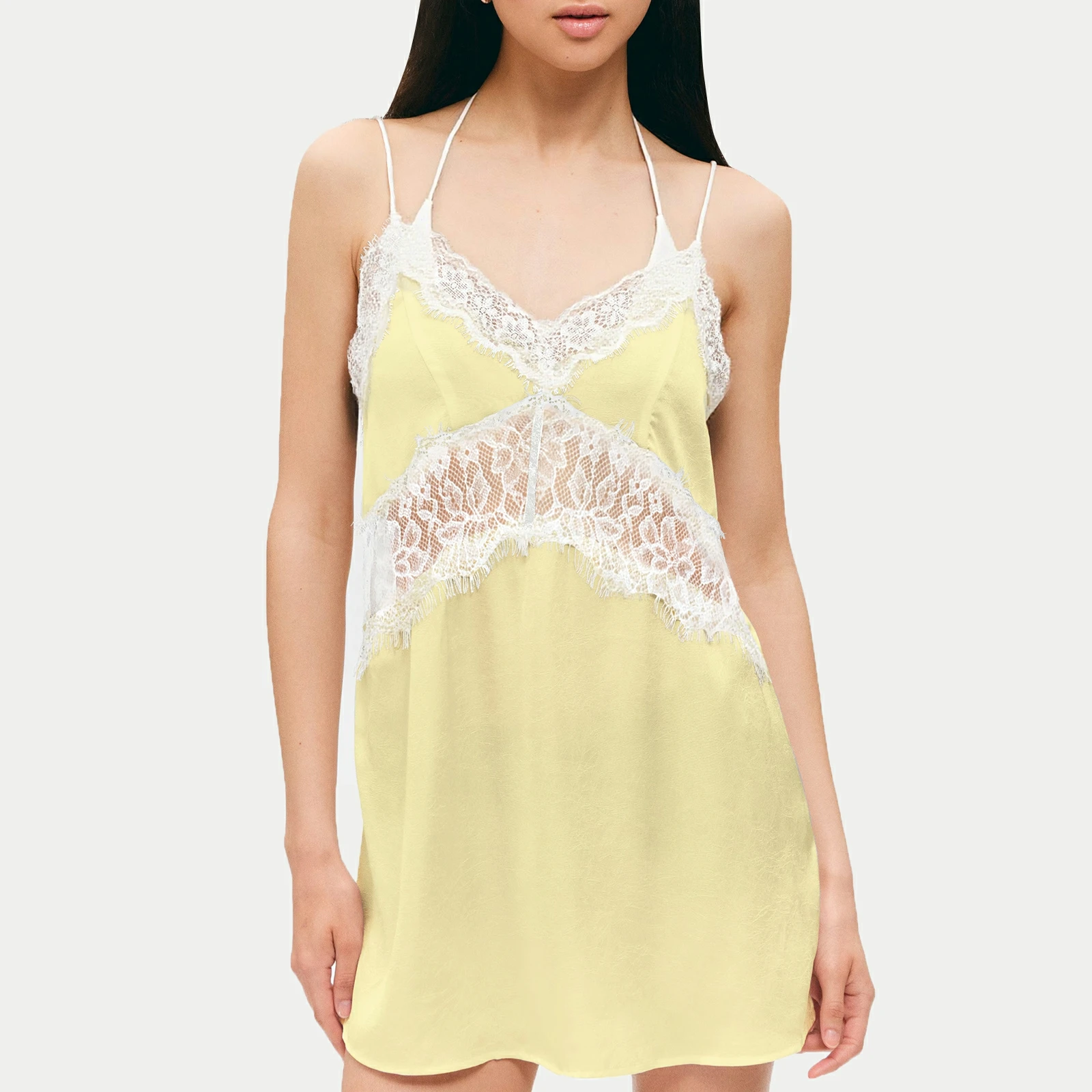 Mini vestido camisola sin espalda con retazos de encaje floral transparente para mujer, sin mangas, corte holgado, ropa de descanso de verano, camisón deslizante