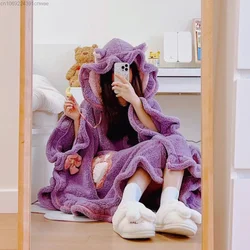 Cute Coral Velvet Cloak Fox Anime Magical Girl Nightgown Women Winter New Hooded Home Pajamas Pjs Costume Halloween Blanket Cape