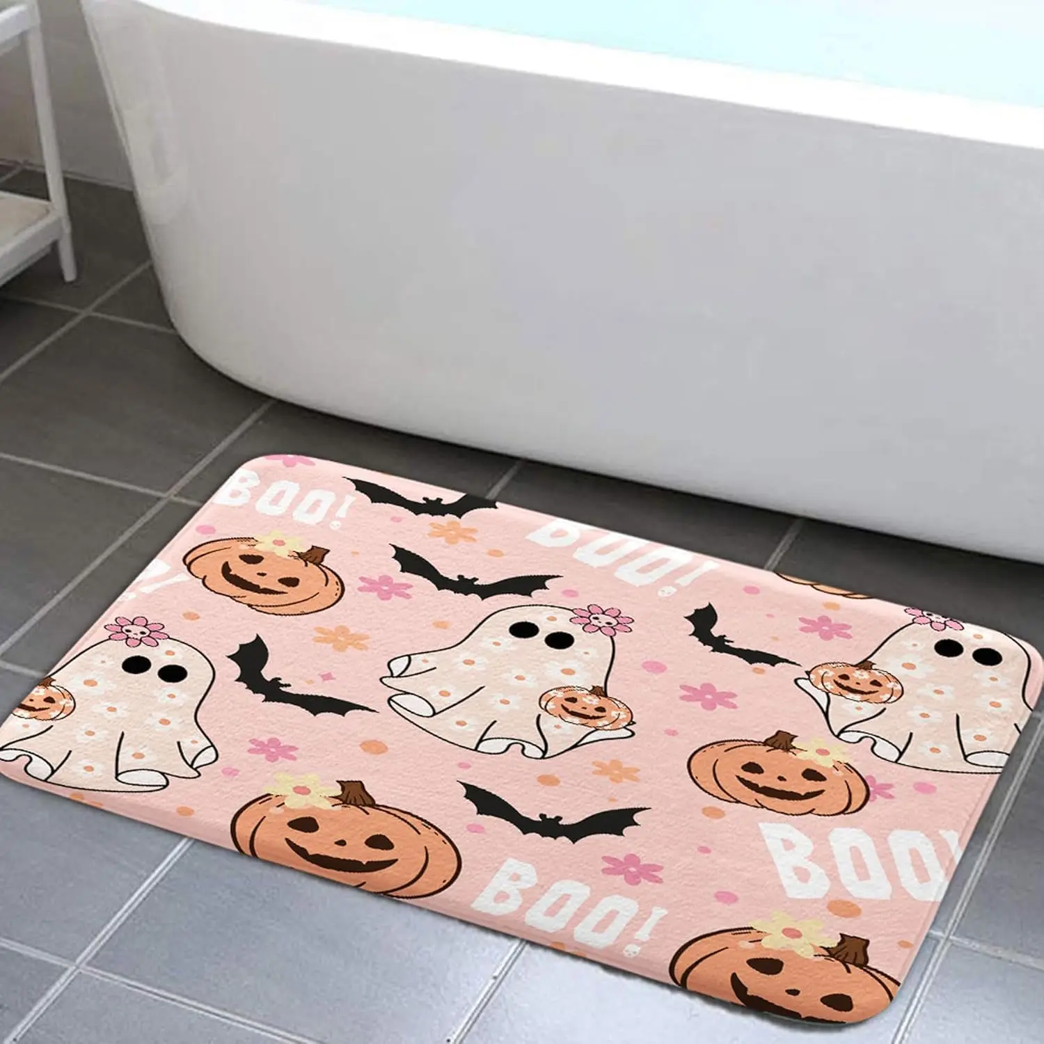 Pink Halloween Bath Rugs,Cute Ghost Pumpkin Black Bat Boo Non Slip Flannel Bathroom Rug, Funny Cartoon Spooky Halloween Bath Mat