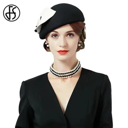 FS Luxury Black White Wool Pillbox Hats For Women Elegant Vintage Church Hat Lady Fascinators Berets Winter Felt Fedoras Chapeau