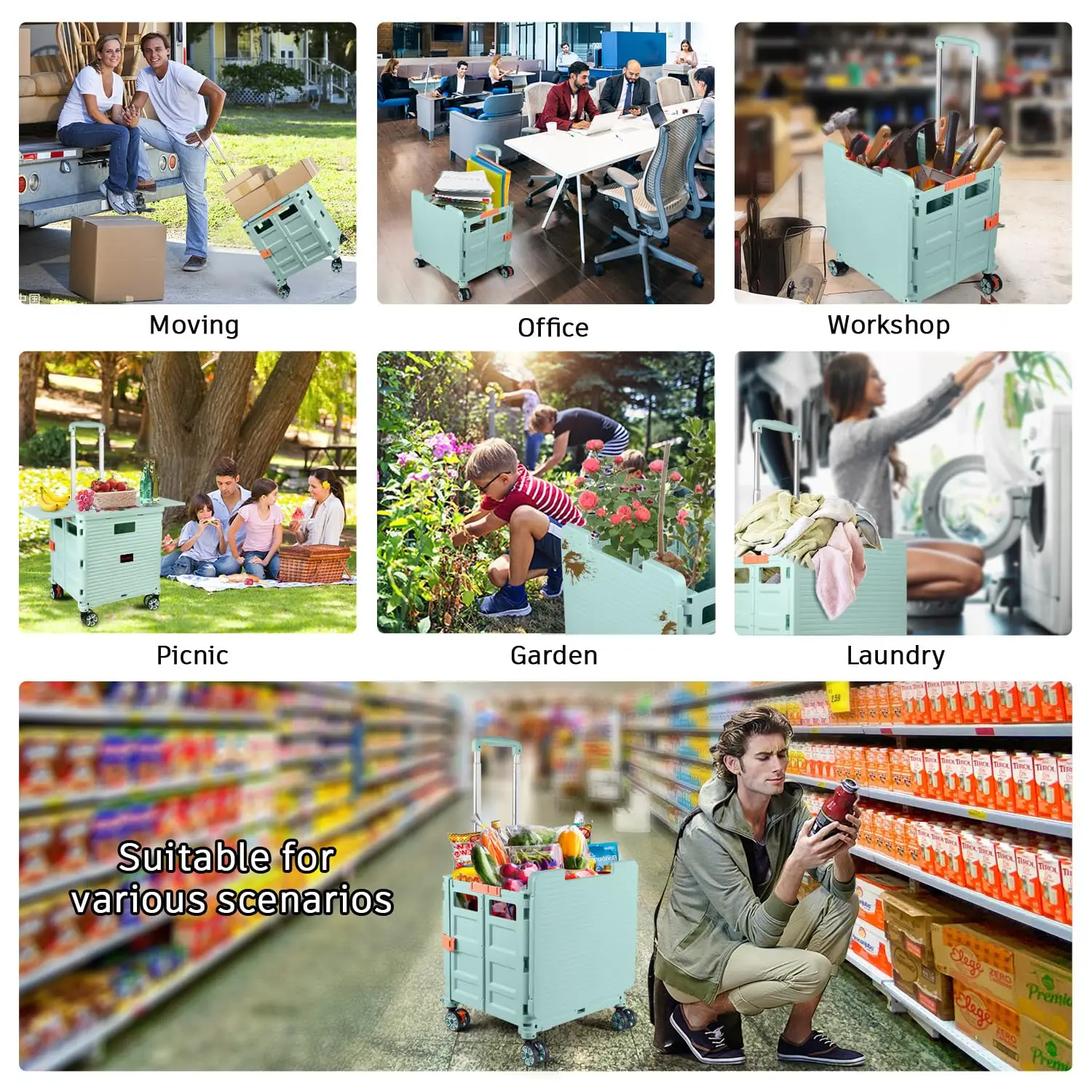 Folding Utility Cart Portable Rolling Wheels Handcart Shopping Trolley Collapsible Tool Box with Lid for Grocery Office Storage