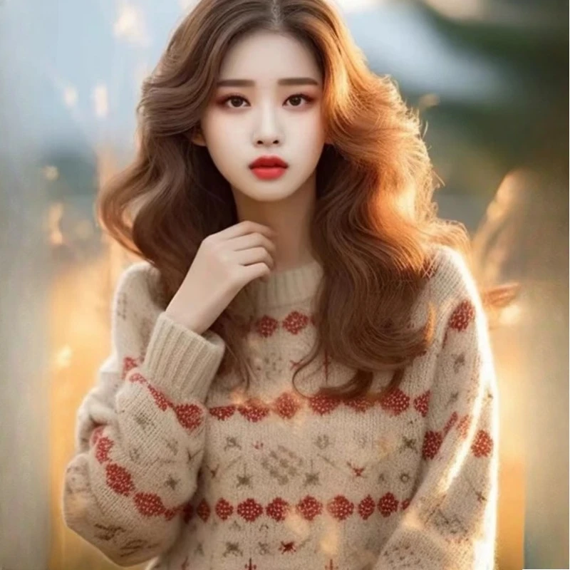 เสื้อสเวตเตอร์ถักไหมพรมผู้หญิง สไตล์เกาหลี เสื้อผ้าฤดูหนาว แฟชั่นหลวมๆ สไตล์ลำลองสำหรับฤดูใบไม้ร่วง เสื้อจั๊มเปอร์ลายแจ็คการ์ด แขนยาว เสื้อพูลโอเวอร์ผู้หญิง