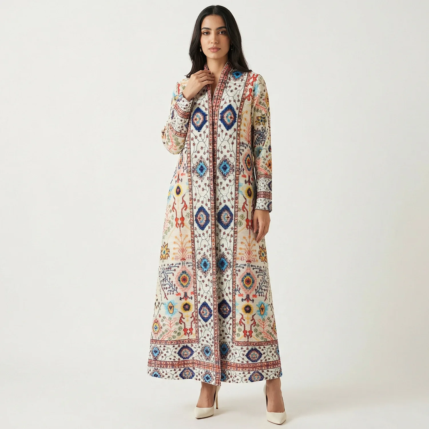 Middle Eastern Abaya robe geometric print dress, foreign trade cross-border retro striped bohemian pleated cardigan long skirt