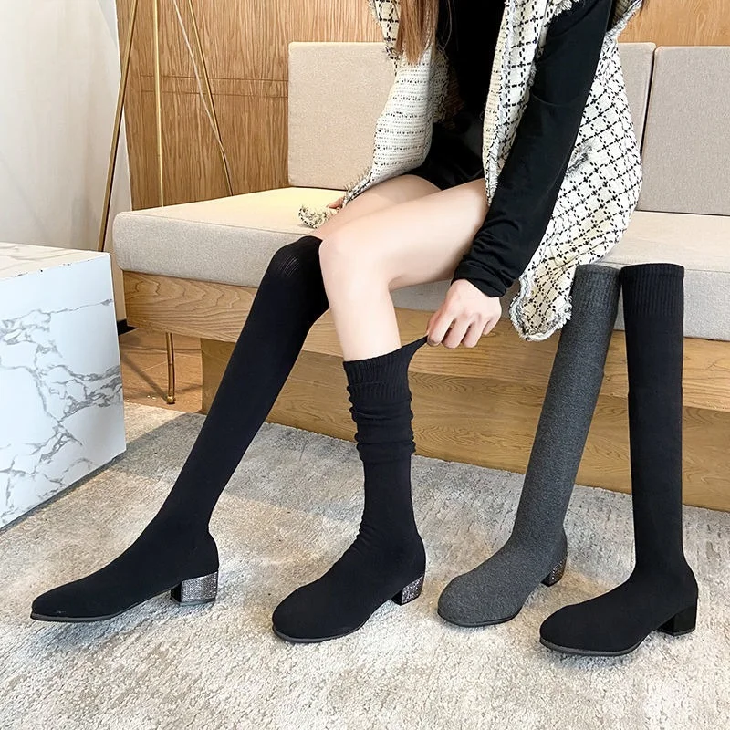 2023 Pointed Toe Women\'s Over The Knee Sock Boots Rhinestone heel Knitting Sock Boots Elastic Slim Female Thigh High Boots Flat