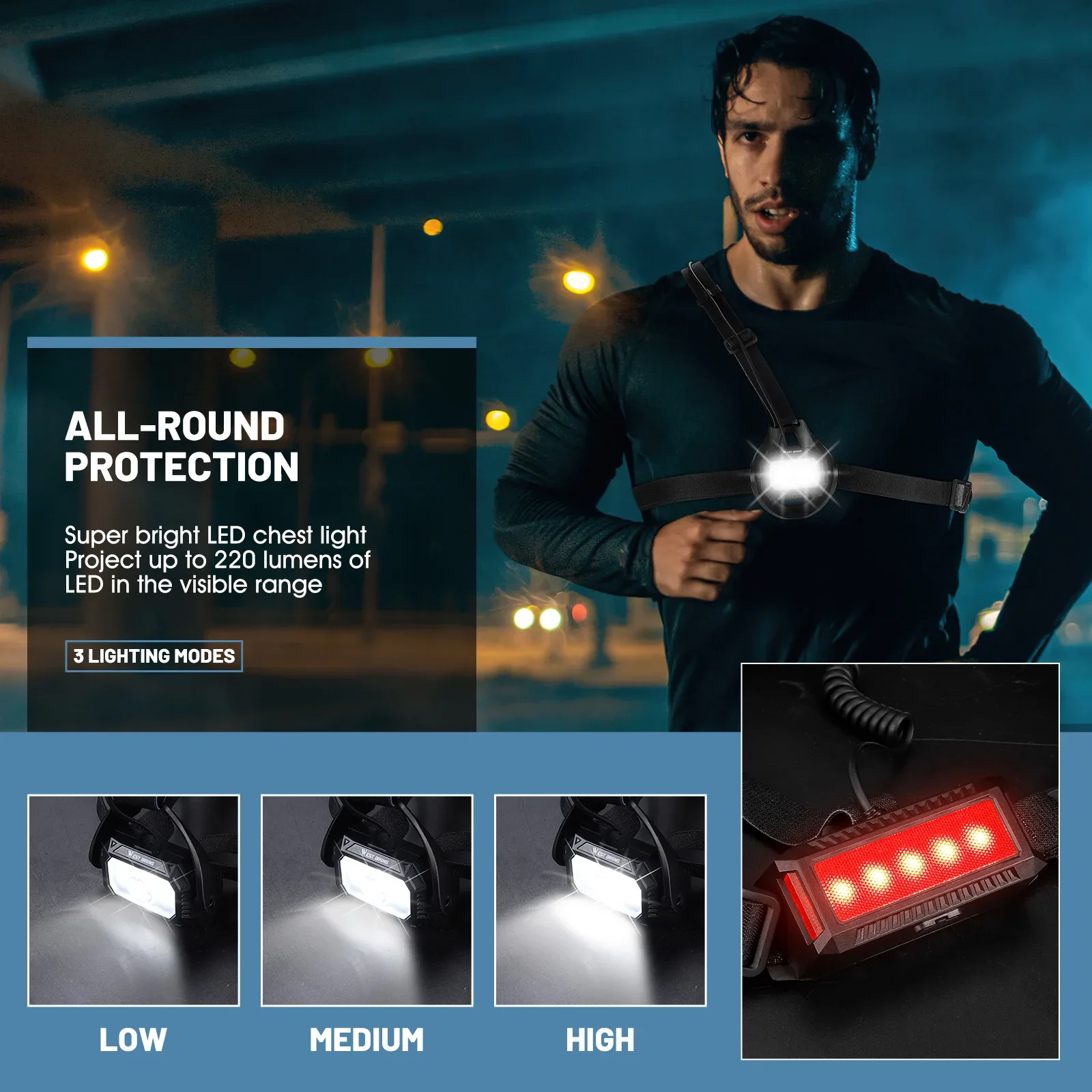 WEST BIKING – lumière de Sport Rechargeable par USB, 1200Amh, lumière de poitrine, randonnée, sécurité, Jogging, cyclisme, voyant d'avertissement, équipement de vélo