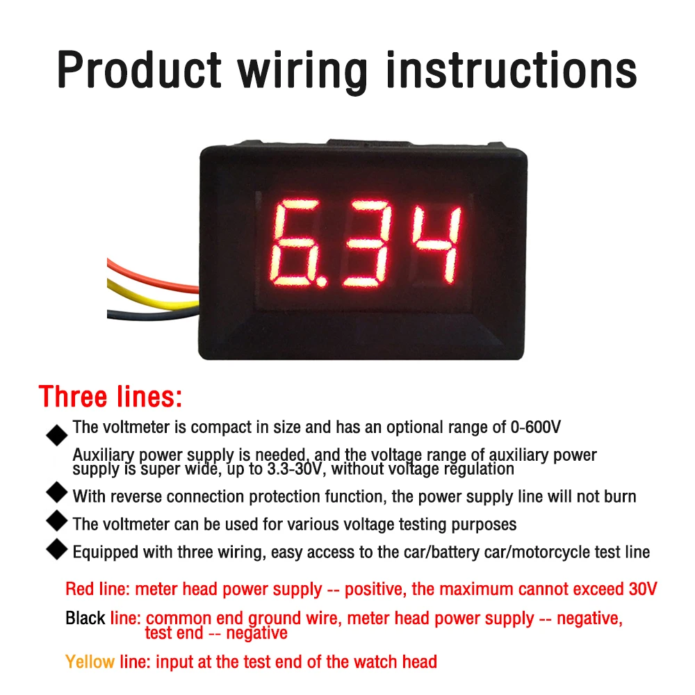 DC 0-300V 0-600V LED Digital Voltmeter 0.36'' 3 Cable Car Motocycle Voltage Meter Volt Detector Tester Monitor Panel