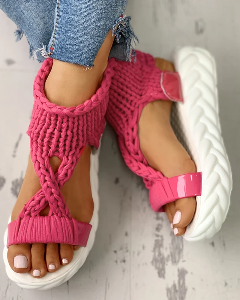 Summer Shoes Fashion Casual Flat Solid Color Daily Wear Knitted Cutout Crisscross Muffin Sandals Sandalias De Mujer Verano 2023