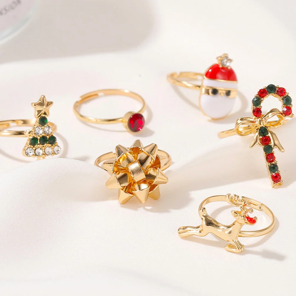 

6 Pcs Small Finger Ring Christmas Elk Set Rings Party Jewelry Gift Adjustable Kids Toys Alloy