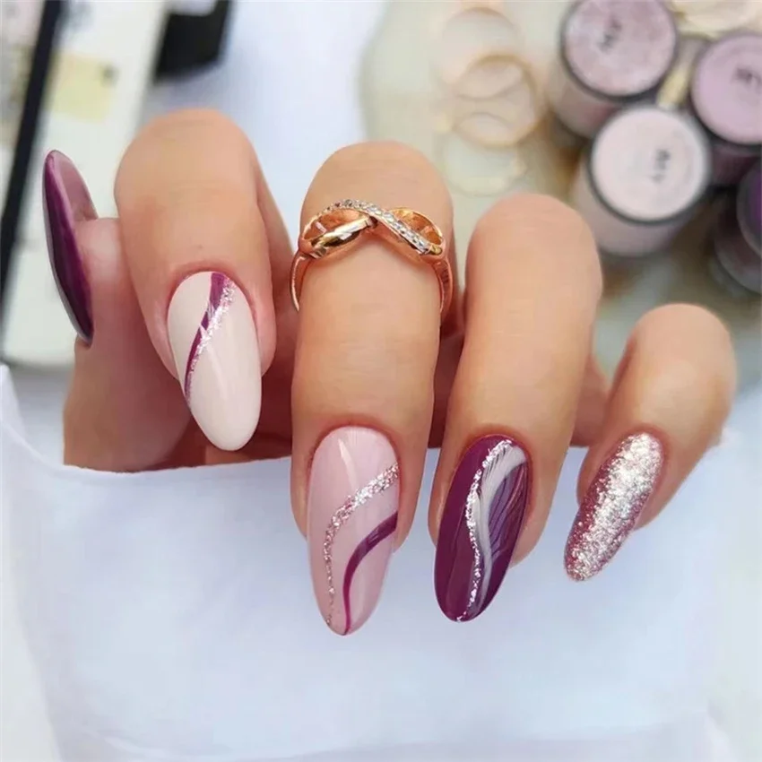 24Pcs/Set Handmade Medium Long Square Wearing False Nails Tips French Line Stickers Fake Nails Removable Acrylic Press on Nails