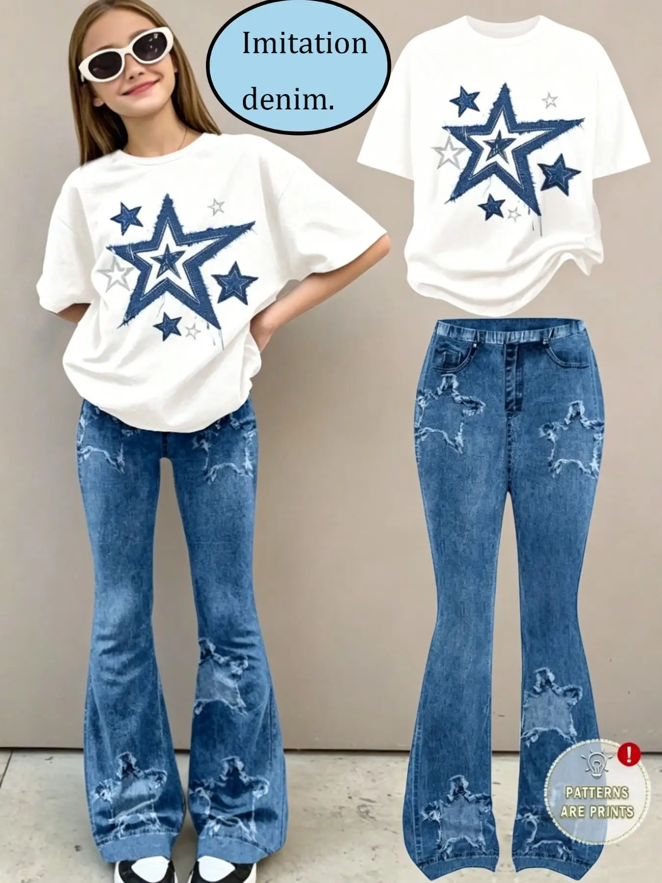 Completo casual estivo per ragazze, completo a maniche corte per bambini, top a maniche corte con stampa di stelle bianche + pantaloni svasati blu in