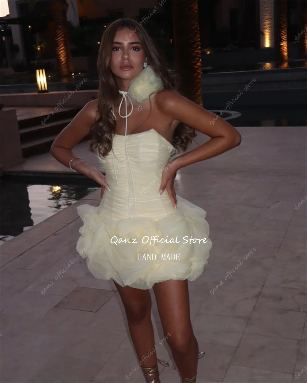 Qanz Yellow Mini Prom Dresses Organza Birthday Dress Woman Sexy Ruffles Above Knee Strapless Robe Cocktail Femme Customized