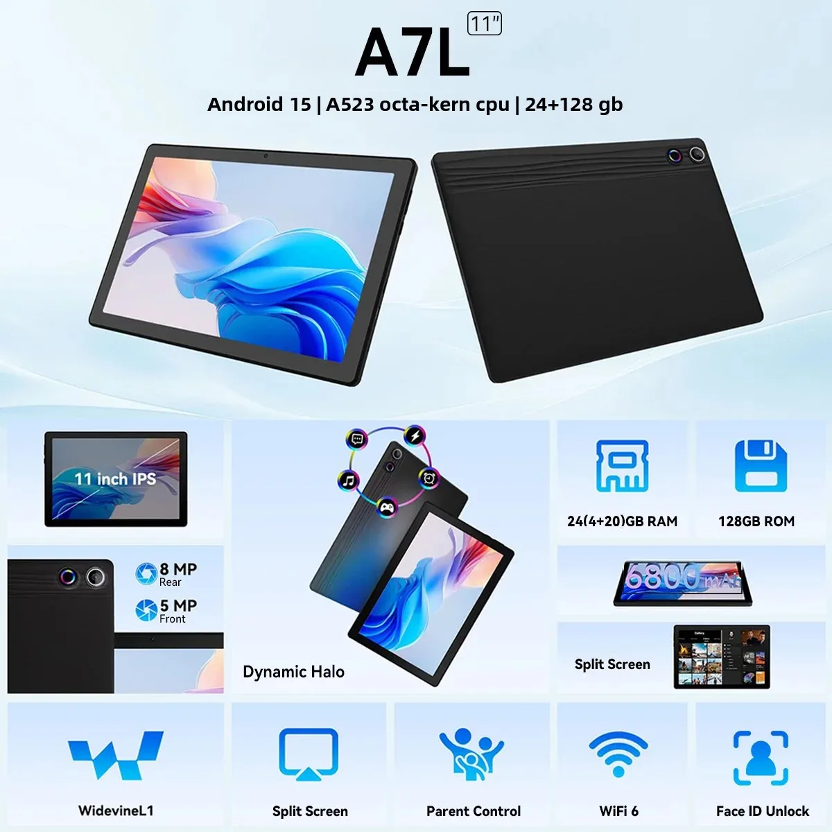 URAO 11 Inch Tablet Android 24GB RAM 128GB ROM 6800mAh IPS HD Touch Screen with Keyboard Protective Case Mouse Stylus 8 in 1 Kit