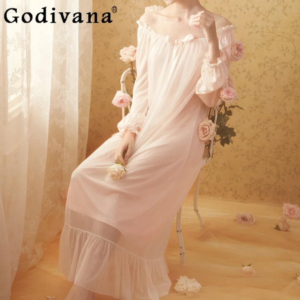 

Sweet Sexy Nightdress Women's Spring Autumn Long-sleeved Retro Court Princess Style Sweet Ice Silk Pajama Dress Sleepshirts