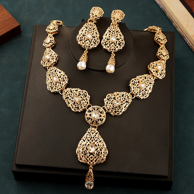 Herseygold Moroccan Trendy Neckace Set for Women Green Rhinestone Gold Plated  Zinc Alloy Bridal Jewelry Set Ethnic Wedding