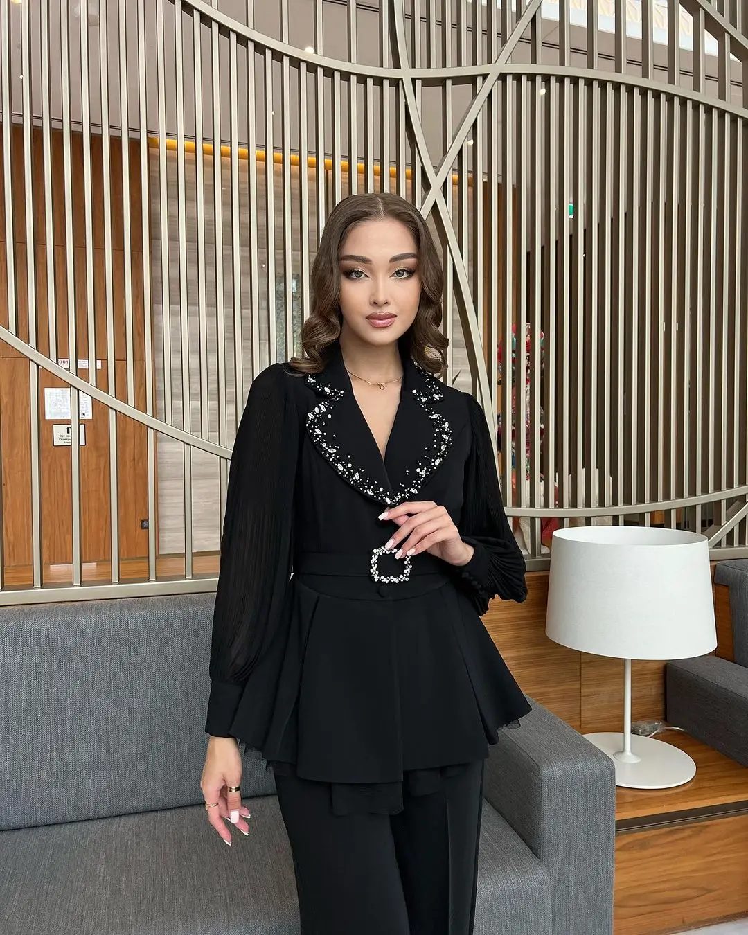 2-Piece Pantsuit Puff Long Sleeves Jacket Prom Dresses Sash Beads Rhinestone Elegant Evening Dresses 2023 Formal Occasion Wear