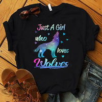 Just A Girl Love Wolves Print Women T Shirt Short Sleeve O Neck Loose Women Tshirt Ladies Tee Shirt Tops Camisetas Mujer