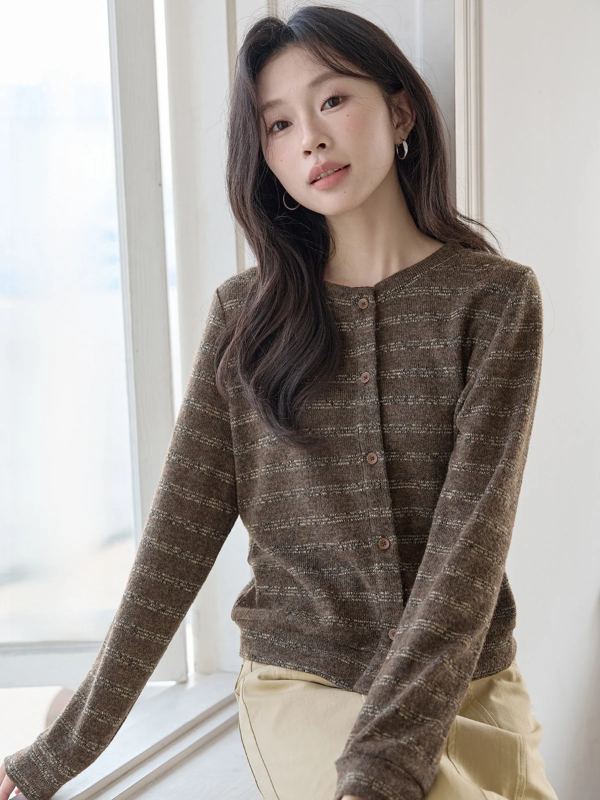 

Женский вязаный кардиган Ele в полоску с круглым вырезом, весенняя новинка, винтажный, приталенный, корейский свободный крой