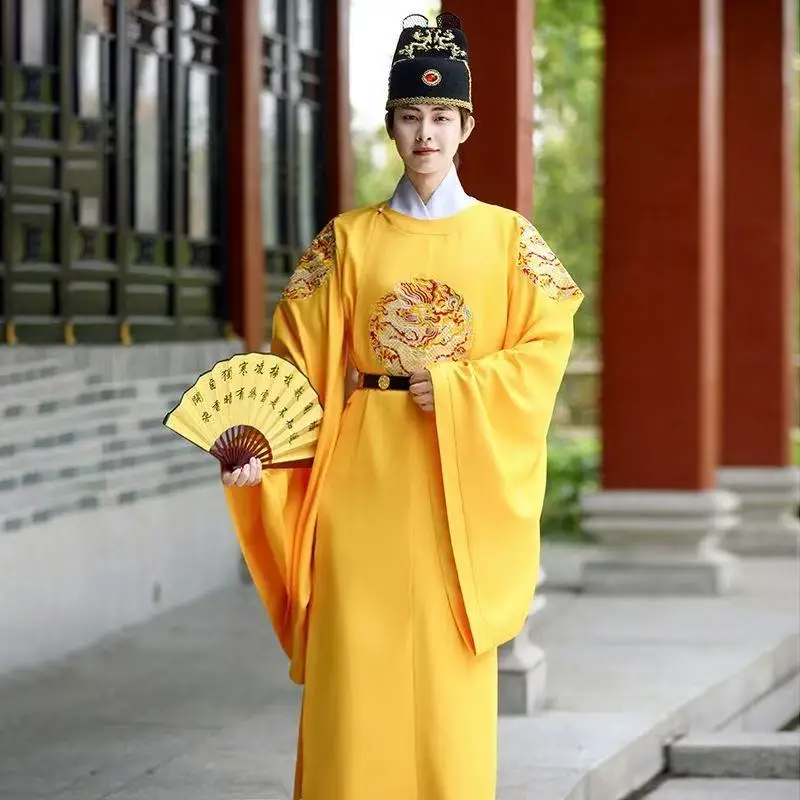 Hanfu Classico con Ricamo Drago Giallo, Abito Tradizionale Cinese Tang Song con Collo Tondo per Uomo e Donna, Costume per Eventi e Carnevale