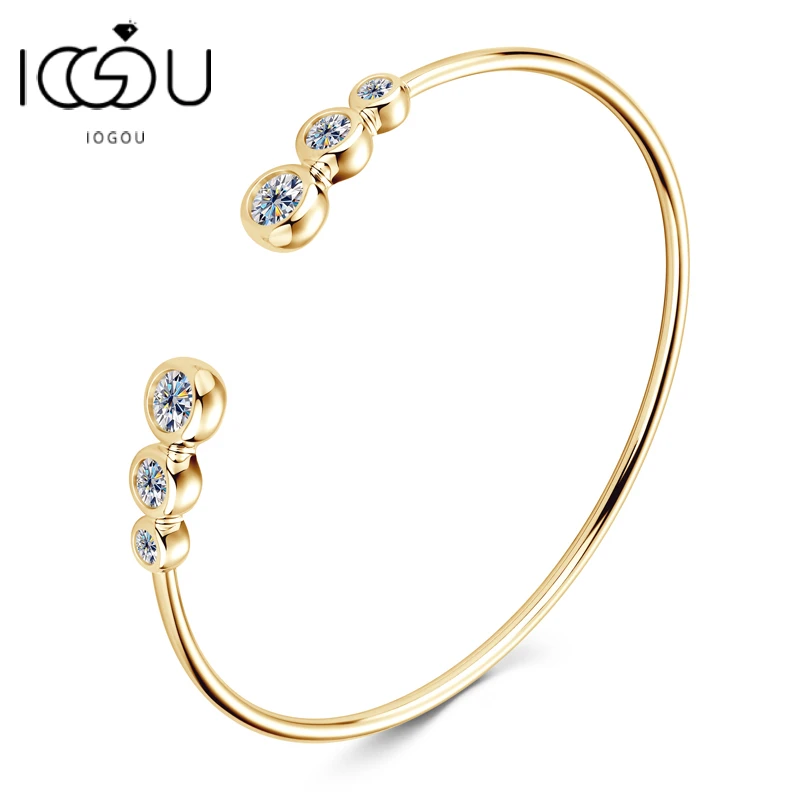 IOGOU 100% D1.80CT Bezel D Moissanite Opening Bangle Cuff for Women 925 Sterling Silver Jewelry 18k Gold Plated Bracelet Gifts