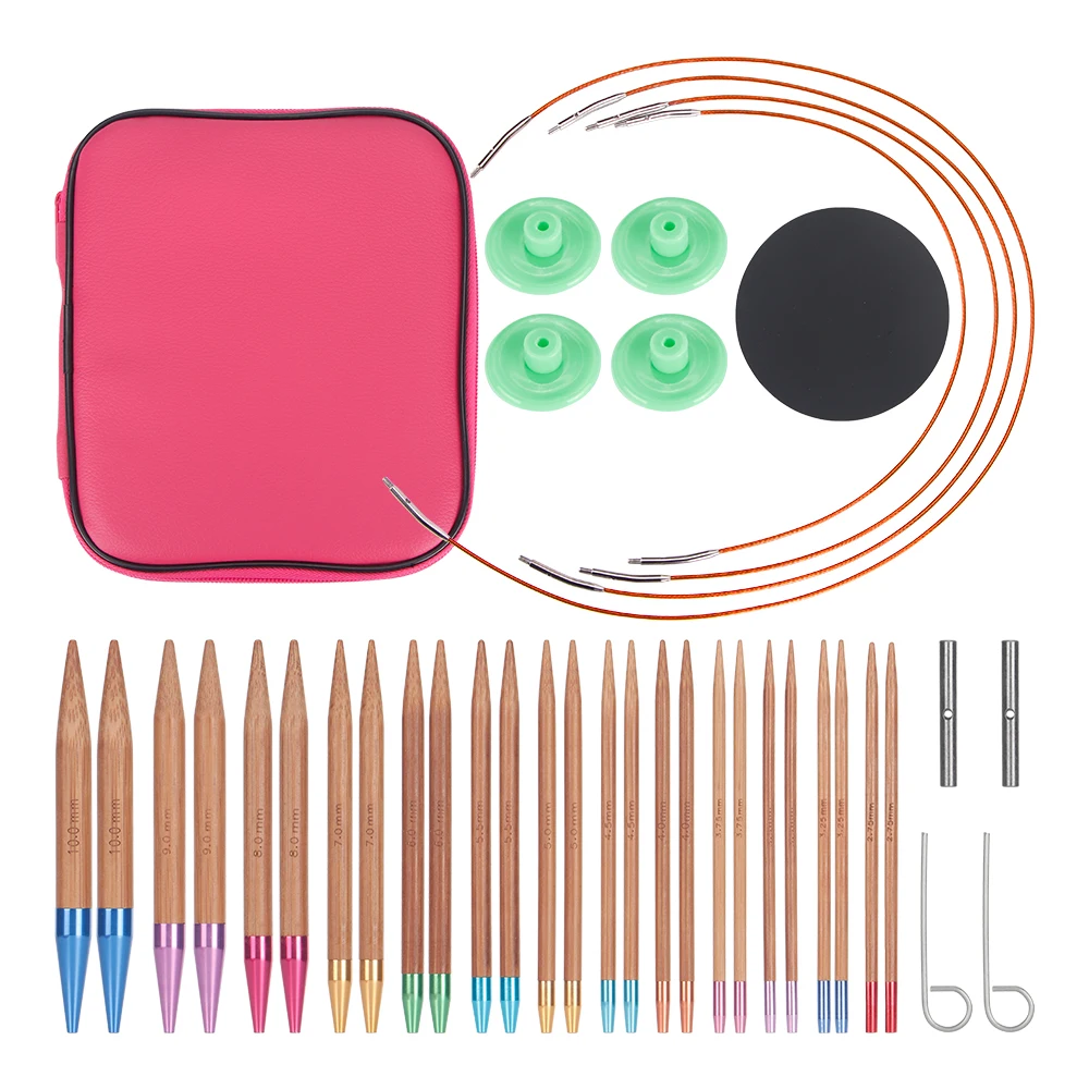 13 Pairs Bamboo Circular Knitting Needles Set with Detachable Cables, Red PU Bag-Interchangeable Knitting Needle Kit 2.75mm-10mm