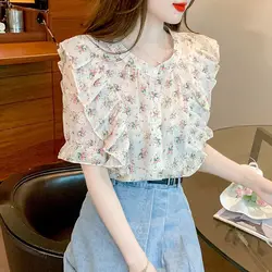 2024 Summer New Sweet Round Neck Floral Chiffon Blouses Women's Spliced Ruffles Button Loose All-match Short Sleeve Shirts Tops