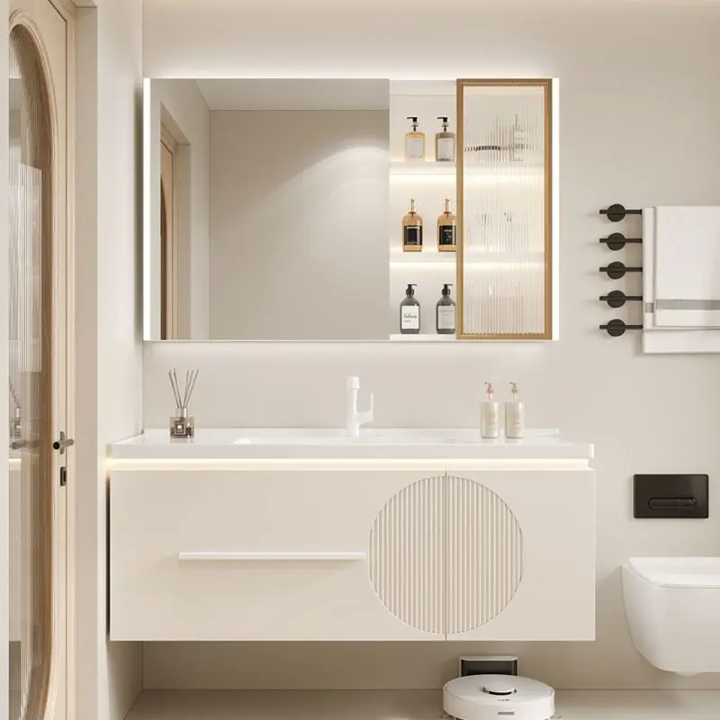 Cream bathroom cabinet solid wood modern simple household bathroom washbasin wash basin combination integrated ceramic wash