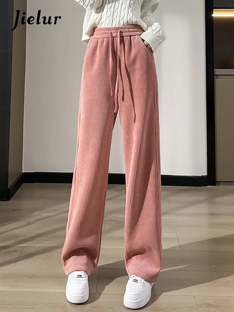 

Jielur Thick Straight Solid Color Female Pants Slim Office Ladies Loose Chic Elastic Waist Pockets Fashion Basic Women Trousers