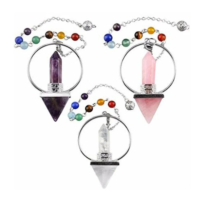 Natural Healing Crystal Pyramid Hexagonal Stone Pendulums For Dowsing Divination Amethyst Rose Quartz Pendulos Pendant Jewelry