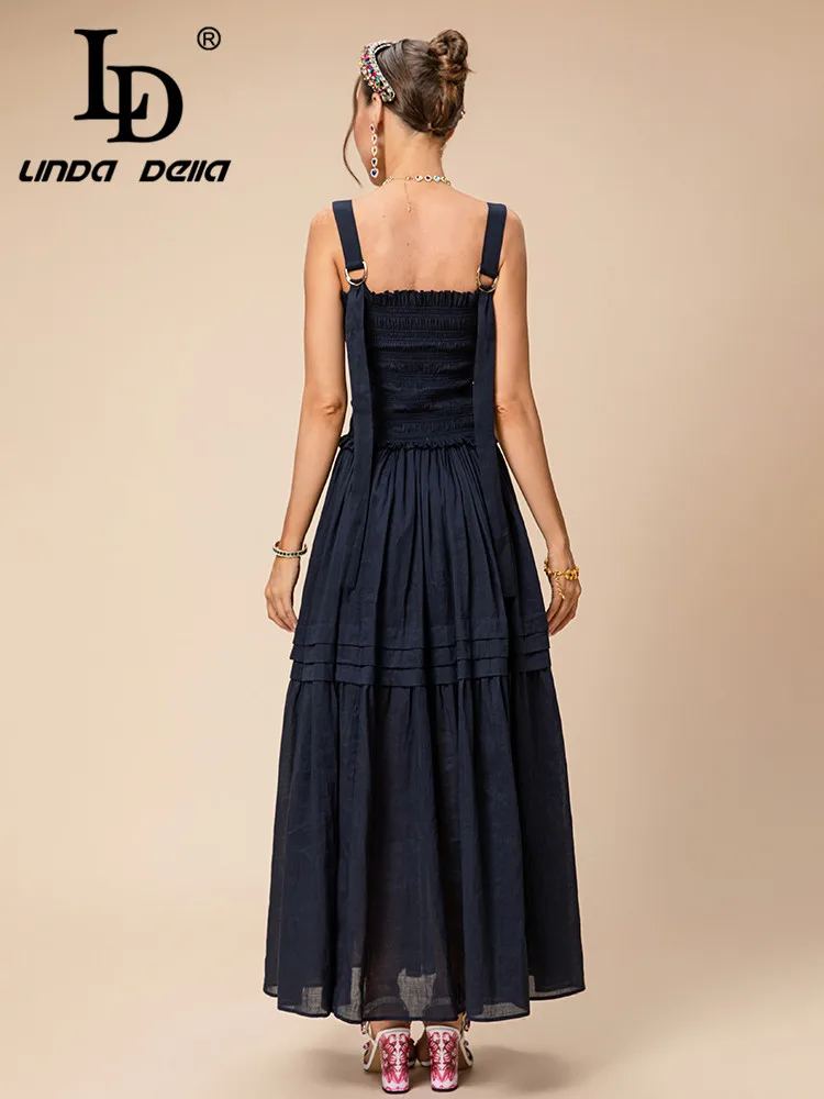 LD LINDA DELLA Summer Runway Fashion Vintage Dress Women's Suspender Tube top  Elastic Waist Splice Draped Travel Long Dress image 6