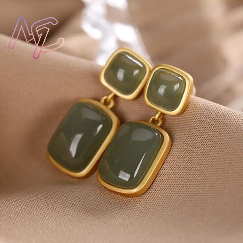 Natural Jade Earrings Gifts for Women Lucky Charm Carved Gemstone Ear Stud Designer Fashion Accessories Real Jewelry