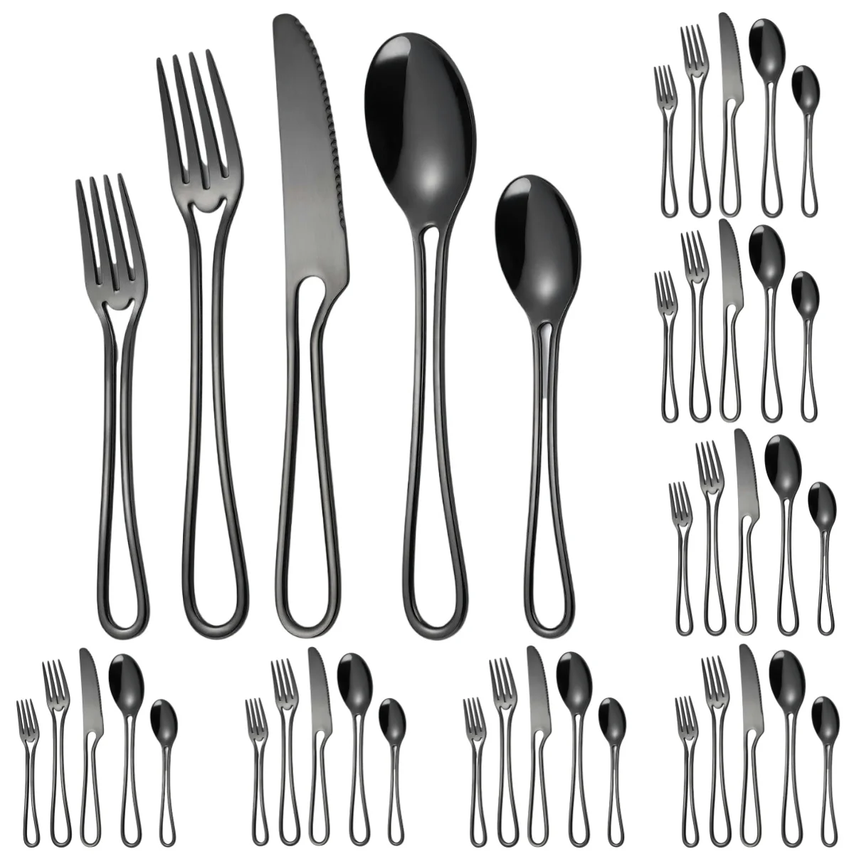 

A · HOUSEWARE Black Silverware Set Hollow Handle 40 Pieces Flatware Set for 8 Tableware Stainless Steel Cutlery Eating Utensils