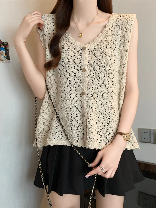 Ele Hollow out Knitted Vest Women's Summer Design Loose V-Ne Svel Tank Top Thin Commute Sle Single Button