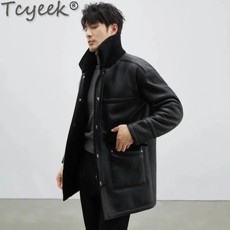 Tcyeek Natural Fur Coat Men Real Sheepskin Fur Jackets for Man Clothes Winter Men's Jacket Mid-length Wool Coats Streetwear 2025