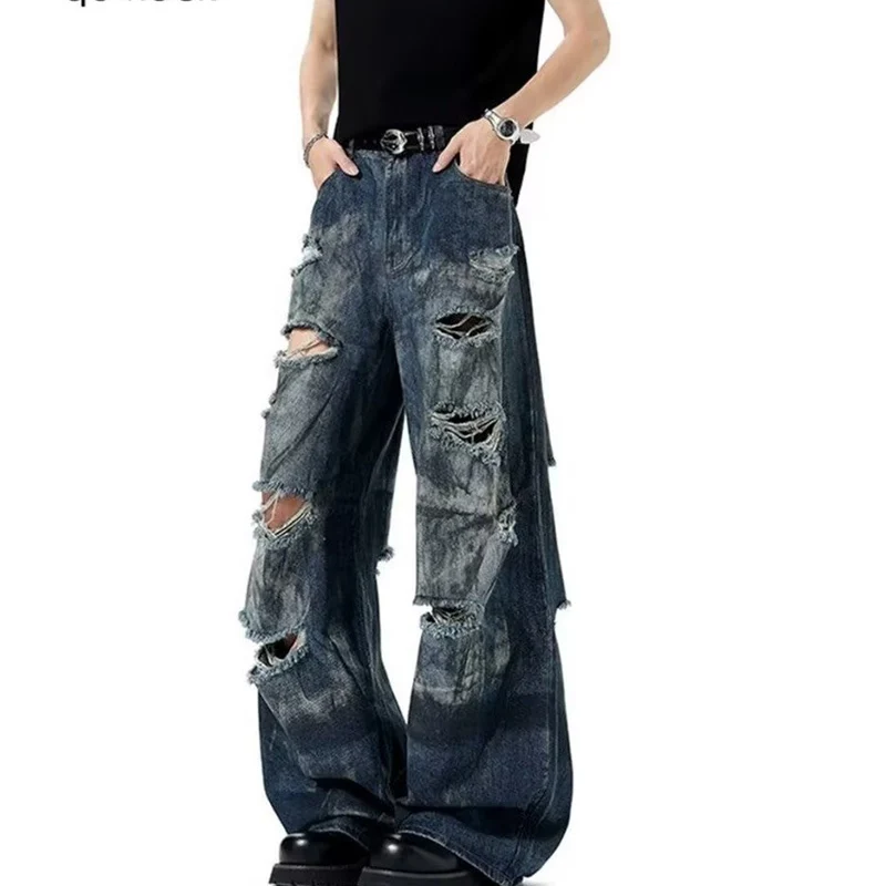 

Винтажные мешковатые прямые джинсы с рваными дырками для мужчин, свободные потертые джинсовые брюки в американском стиле, уличные брюки