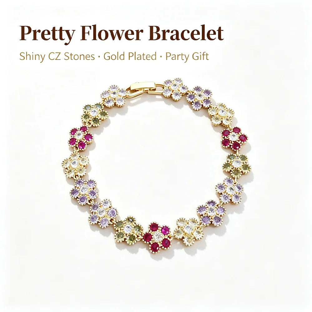 Greatera Woman Copper Material Five-Petal Flower Bracelets Dainty Colorful Zircon Hand Chain  Party Classic Waterproof Jewelry