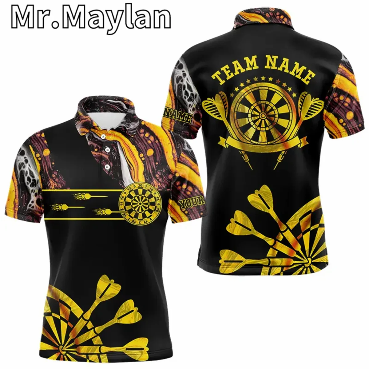 

Men's 3D Yellow Golden Darts Tie Dye Polo Custom Dart Shirt Glowing Glow-in-the-Dark Customizable Gift for Dart Players