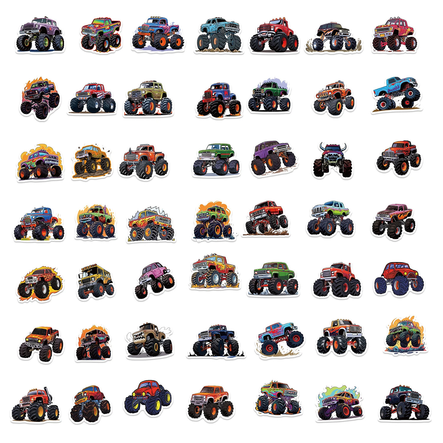 50pcs Cartoon Monster Truck Stickers Cute Vinyl Decals For Luggage Laptop Water Bottle Guitar Phone Waterproof Graffiti