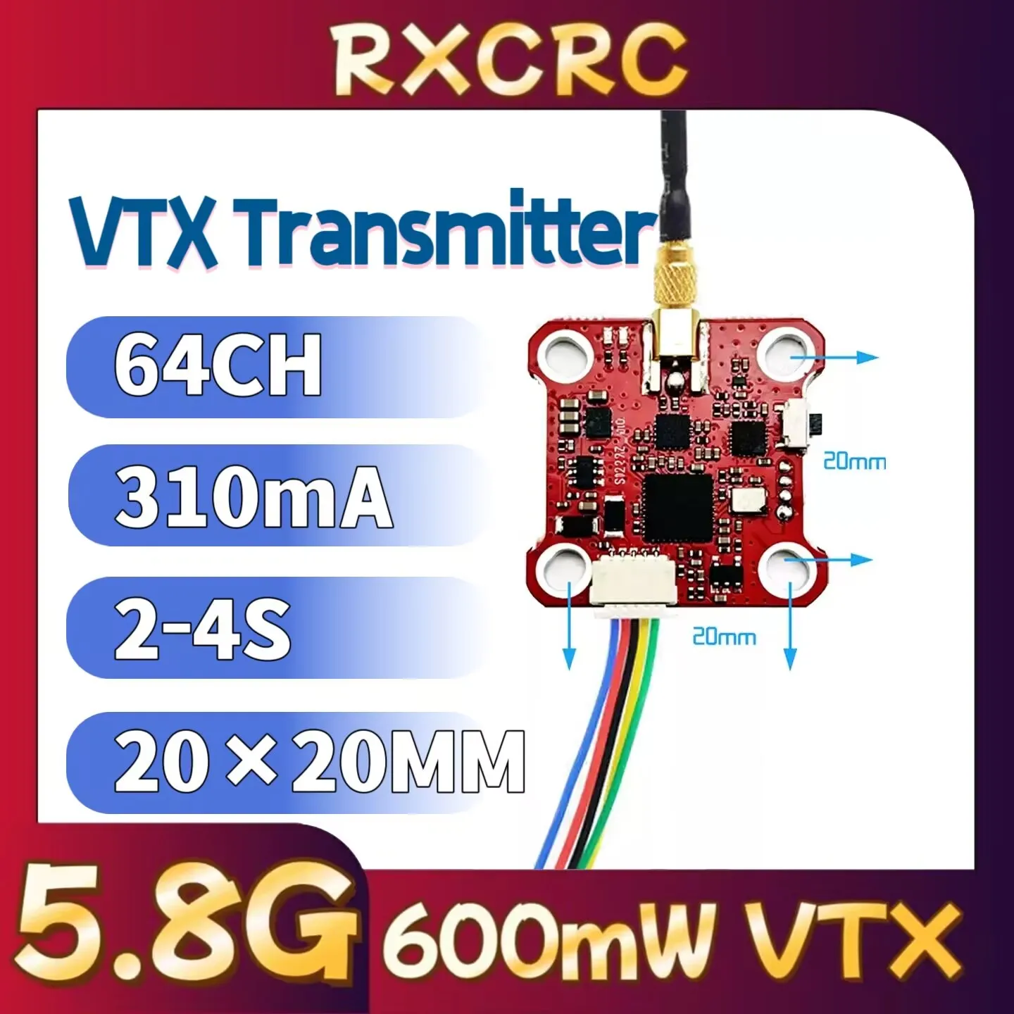 RXCRC MINI 008 VTX 600mW 64CH Transmitter Module,5.8G Anlog Video CVBS Signal Transmission For FPV Drone RC Aircraft Fixed Wing.