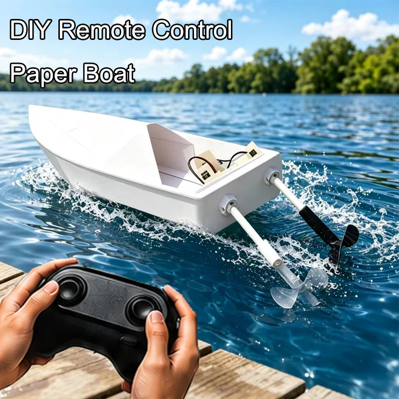 2.4G Remote Control Boat Toy DIY RC Paper Boat STEM Dual Motor Handmade Edcational Model Outdoor Swimming Pool Interactive Game